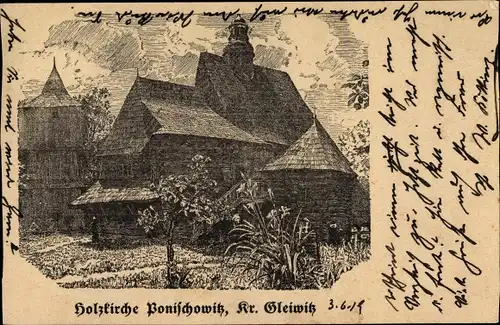 Künstler Ak Poniszowice Ponischowitz Schlesien, Holzkirche