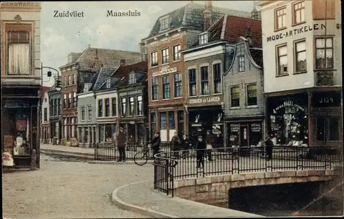 Ak Maassluis Südholland, Zuidvliet, Brücke, Geschäfte