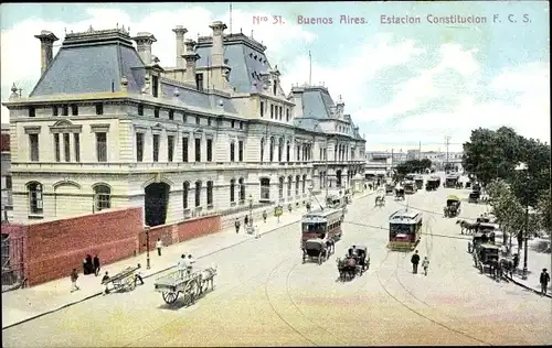 Ak Buenos Aires Argentinien, Estacion Constitucion FCS, Straßenszene, Straßenbahnen, Kutschen