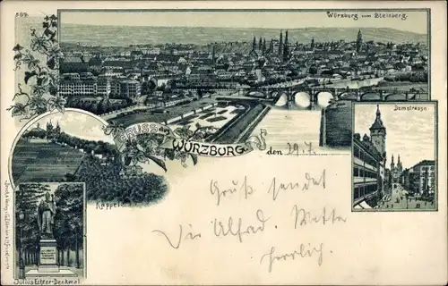 Litho Würzburg am Main, Panorama vom Steinsberg, Domstraße, Käppele, Julius Echter Denkmal