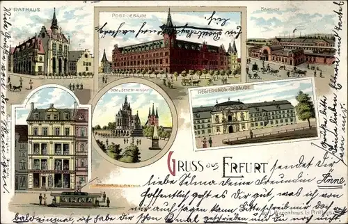 Litho Erfurt in Thüringen, Rathaus, Regierungsgebäude, Bahnhof, Dom, Post