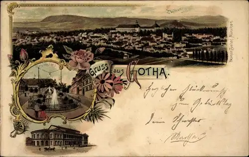 Litho Gotha in Thüringen, Gesamtansicht, Theater, Schlossberg