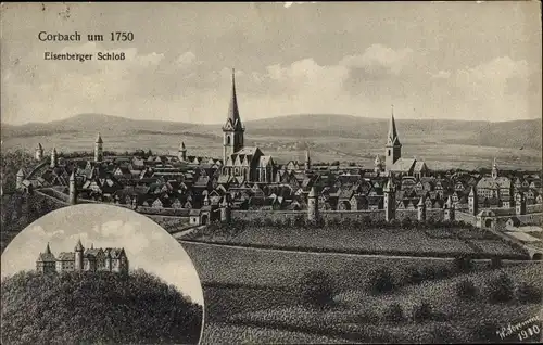 Ak Korbach in Hessen, Panorama, Eisenberger Schloss um 1750