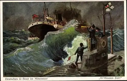 Künstler Ak Bahr, Deutsches U Boot im Mittelmeer, Dampfschiff, Inspektion, 10 Minuten Zeit