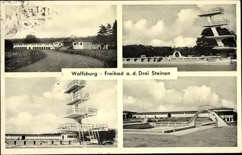 Ak Wolfsburg in Niedersachsen, Freibad an den Drei Steinen, erbaut vom Volkswagenwerk 1951