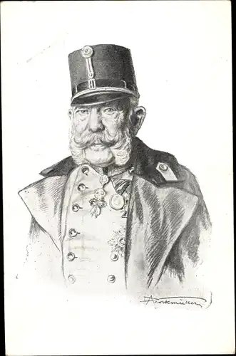 Künstler Ak Kaiser Franz Joseph I., Uniform, Tschako, Mantel