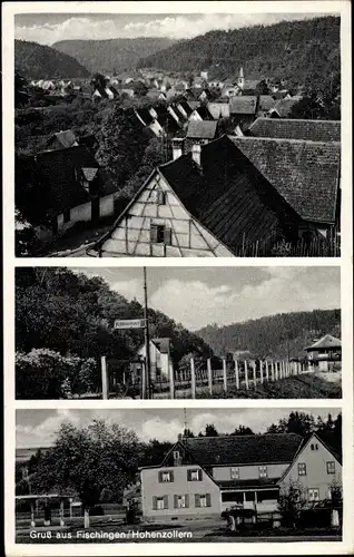 Ak Fischingen in Hohenzollern Sulz am Neckar, Ortsansicht, Bahnhof, Gasthaus und Pension zum Bahnhof