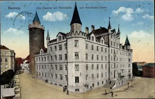 Ak Bautzen in der Oberlausitz, Alte Kaserne mit Pulverturm und Wendische Gasse