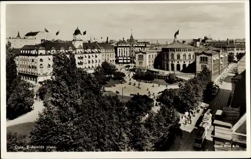 Ak Oslo Norwegen, Stadtbild, Platz, Tram