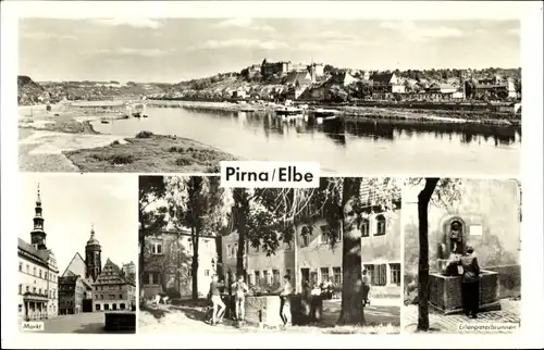 Ak Pirna in Sachsen, Panorama, Erlenpeterbrunnen, Markt, Plan