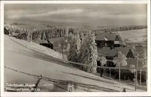 Ak Tellerhäuser Breitenbrunn Erzgebirge, Schneiders Gasthof, Winteransicht