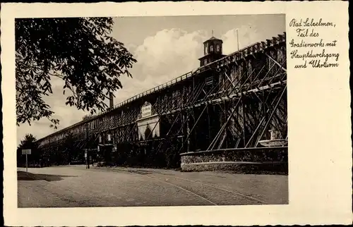 Ak Bad Elmen Salzelmen Schönebeck an der Elbe, Teil des Gradierwerkes, Hauptdurchgang, Uhrturm