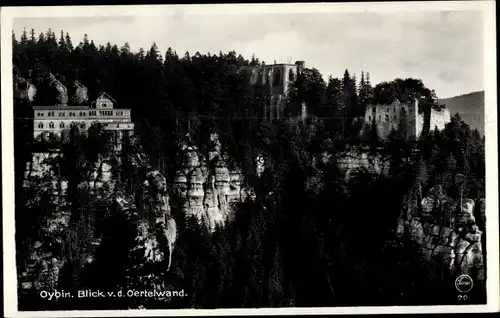 Ak Oybin in der Oberlausitz, Blick v. d. Oertelwand, Ruinen und Bergwirtschaft