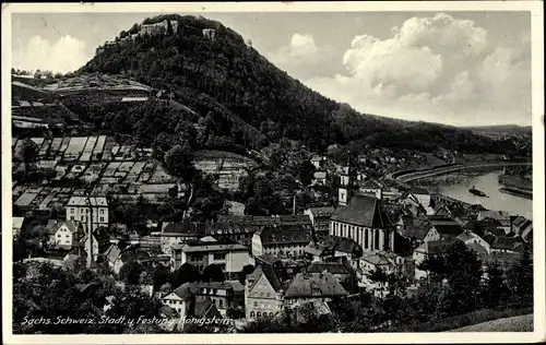 Ak Königstein an der Elbe Sächsische Schweiz, Festung Königstein, Panorama, Kirche