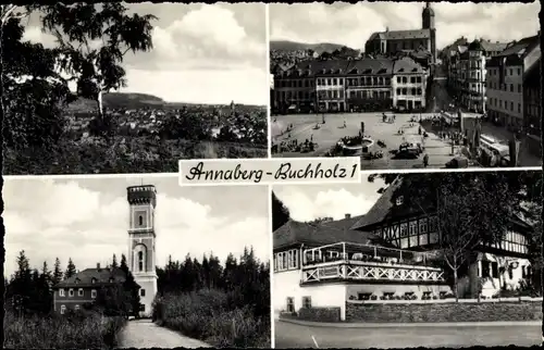 Ak Annaberg Buchholz Erzgebirge, Platz, Kirche, Fachwerkhaus mit Terrasse, Panorama