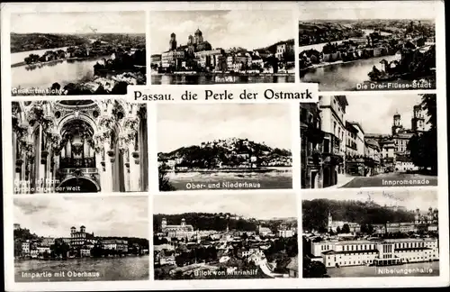 Ak Passau Niederbayern, Gesamtansicht, Innkai, Innpromenade, Oberhaus, Niederhaus, Nibelungenhalle