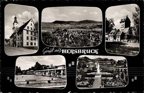 Ak Hersbruck in Mittelfranken, Panorama, Freibad, Springbrunnen