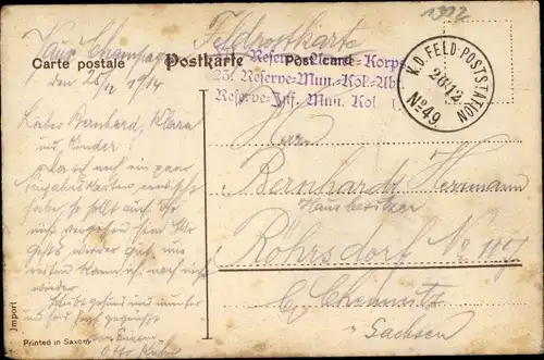 Ak Stempel Deutsche Feldpost 1. WK, XII. Res. Armee Korps 23. Res. Mun. Kol. Abt. Res.Inf. Mun.Kol.1