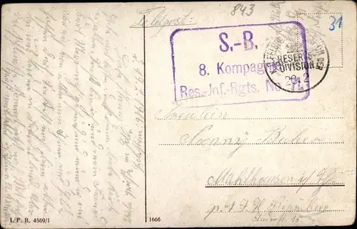 Ak Stempel Deutsche Feldpost 1. WK, 22. Res. Div., 8. Kompagnie Res. Inf. Regt. No. 71