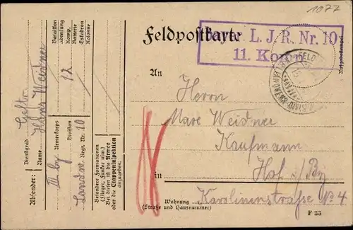 Ak Stempel Deutsche Feldpost 1. WK, Bayer. L. I. R. Nr. 10, 11. Kompagnie