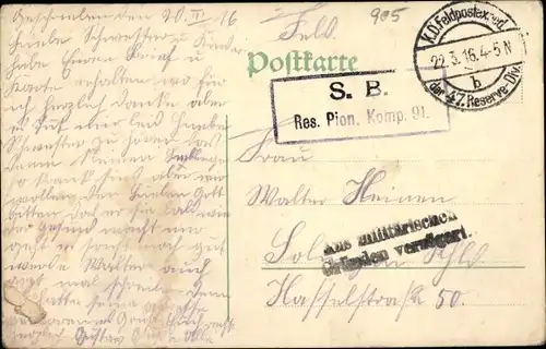 Ak Stempel Deutsche Feldpost 1. WK, 47. Res. Div., Res. Pion. Komp. 91