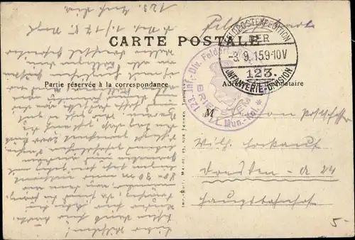 Ak Stempel Deutsche Feldpost 1. WK, 123. Inf. Div., Feldart. Regt. 1. L. Mun. Kol.