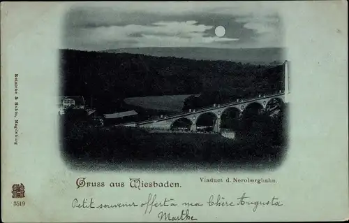 Mondschein Ak Wiesbaden in Hessen, Viaduct d. Nerobergbahn