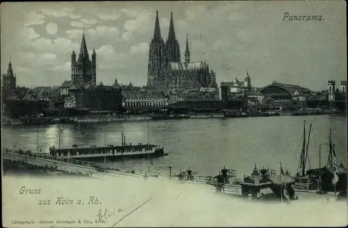 Mondschein Ak Köln, Panoramaansicht mit Dom, Bahnhof und Rhein
