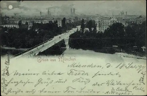 Mondschein Ak München Isar, Blick auf die Stadt