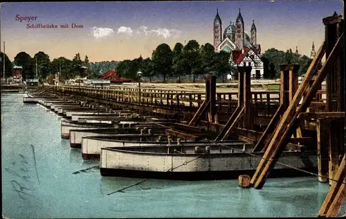 Ak Speyer am Rhein, Schiffbrücke mit Dom