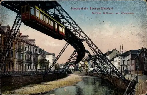 Ak Elberfeld Wuppertal, Schwebebahn, Barmen, Werther Bollwerk mit Uferstraße