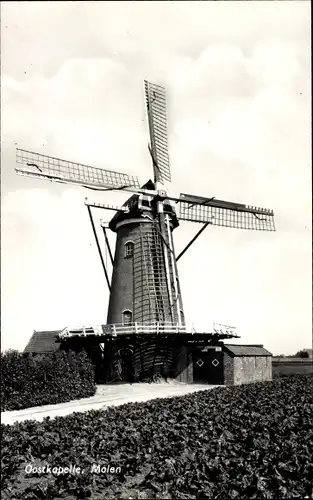 Ak Oostkapelle Zeeland, Ansicht einer Windmühle am Feldrand