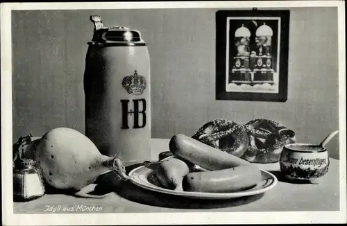 Ak Hofbräubierkrug, Weißwurst, Brezel, Senf, Salz, Idyll aus München