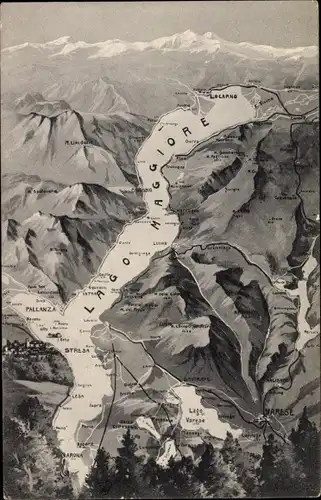 Landkarten Ak Lago Maggiore Piemonte, Gesamtansicht