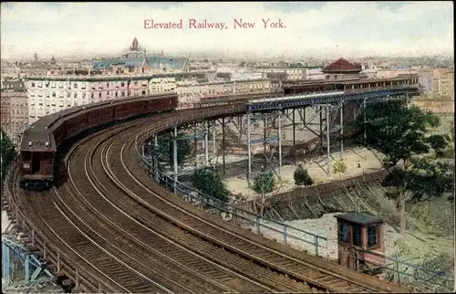 Ak New York City USA, Elevated Railroad Curve at 110th Street