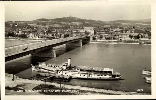 Ak Linz an der Donau Oberösterreich, Urfahr und Pöstlingberg, Schiff, Brücke