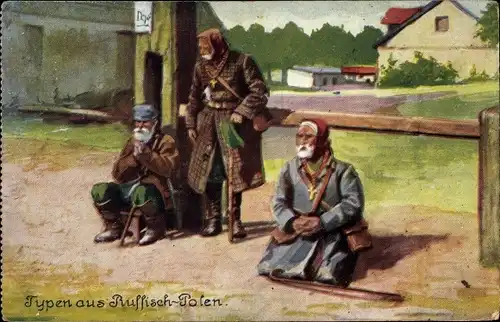 Künstler Ak Typen aus Russisch Polen, betende Männer am Straßenrand