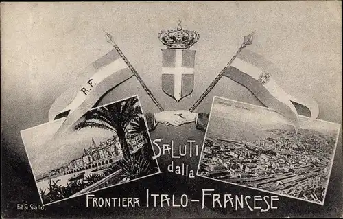 Ak Saluti dalla Frontiera Italo Francese, Stadtansichten, Wappen