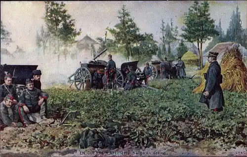 Künstler Ak En Guerre, Artillerie Belge en action, I WK