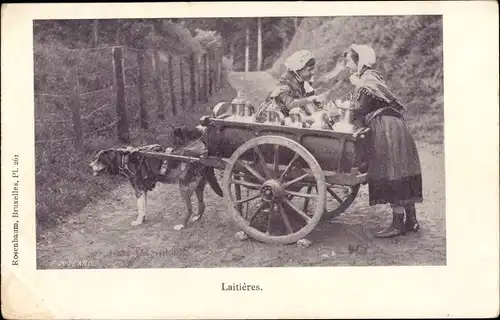 Ak Laitieres, belgische Milchfrauen mit Hundekarren