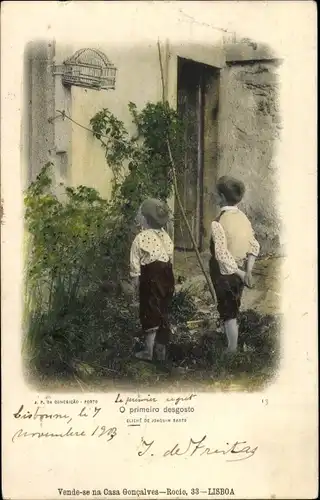 Ak Portugal, O primeiro desgosto, Jungen betrachten einen Vogelkäfig