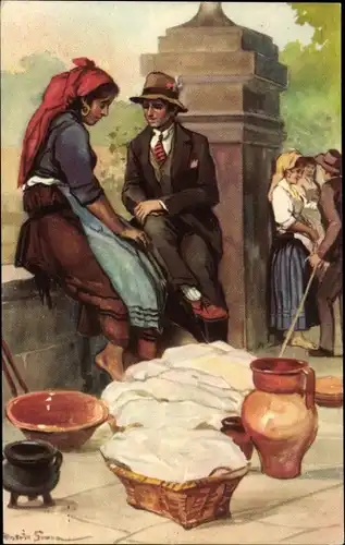 Künstler Ak Mann und Frau in portugiesischen Volkstrachten