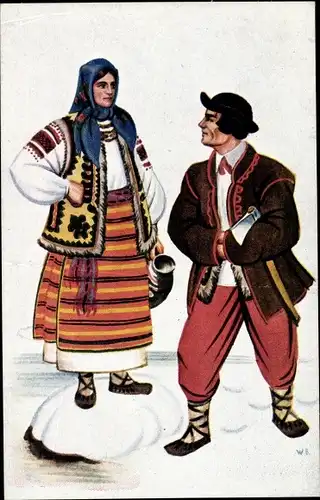 Künstler Ak Mann und Frau in polnischen Volkstrachten