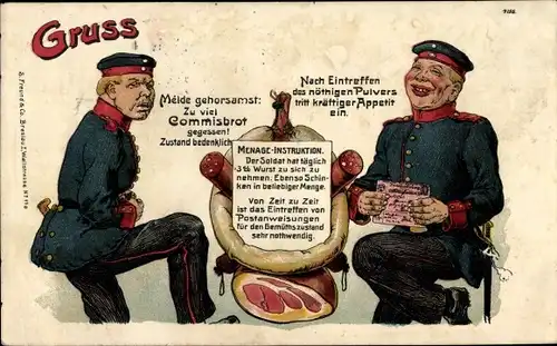 Litho Zu viel Kommisbrot gegessen, Soldaten, Schinken, Menage Instruktion