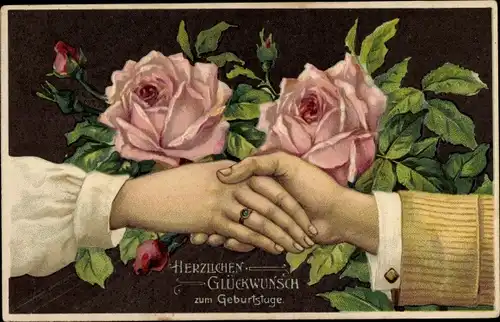 Präge Litho Glückwunsch Geburtstag, Hände, Rosen