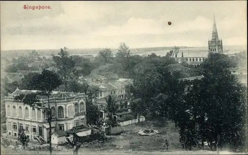 Ak Singapur, Vogelschau auf den Ort, Kirche, Villa mit Garten