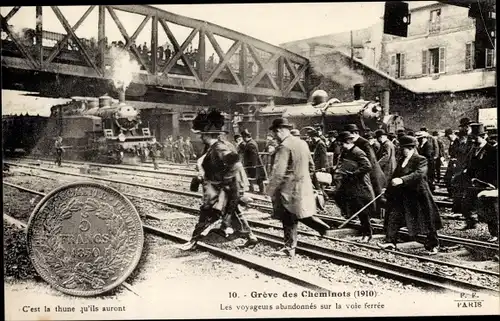 Ak Greve des Cheminots 1910, Les voyages abandonnes sur la vole ferree, Eisenbahn-Streik