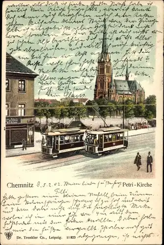 Litho Chemnitz in Sachsen, Petrikirche, Straßenbahnen