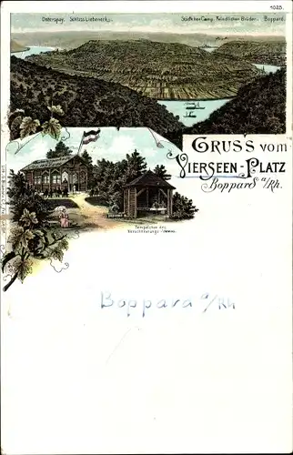 Litho Boppard am Rhein, Vierseenplatz, Restauration v. Jos. Wagner, Osterspay, Schloss Liebeneck