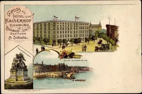 Litho Hamburg, Hotel zum Kaiserhof, Bahnhofstraße 11, Alter Jungfernstieg, Kriegerdenkmal